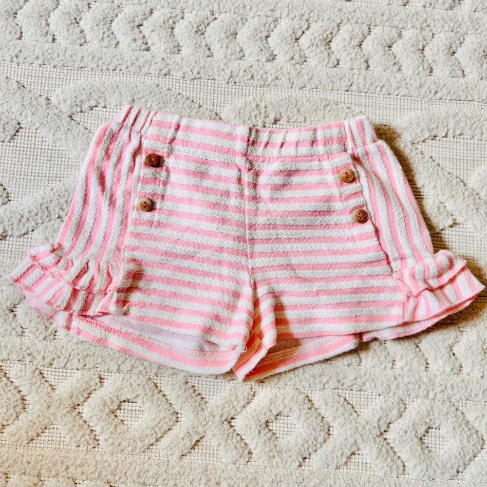 Zara Girls Pink White Stripe Ruffle Trim Nautical Shorts, Sz 3/4Y